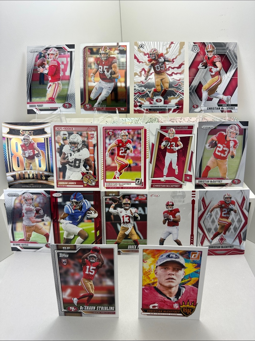 George Kittle/Brock Purdy/McCaffrey 49ers lot of 16 + De’Zhaun Stribling Rookie